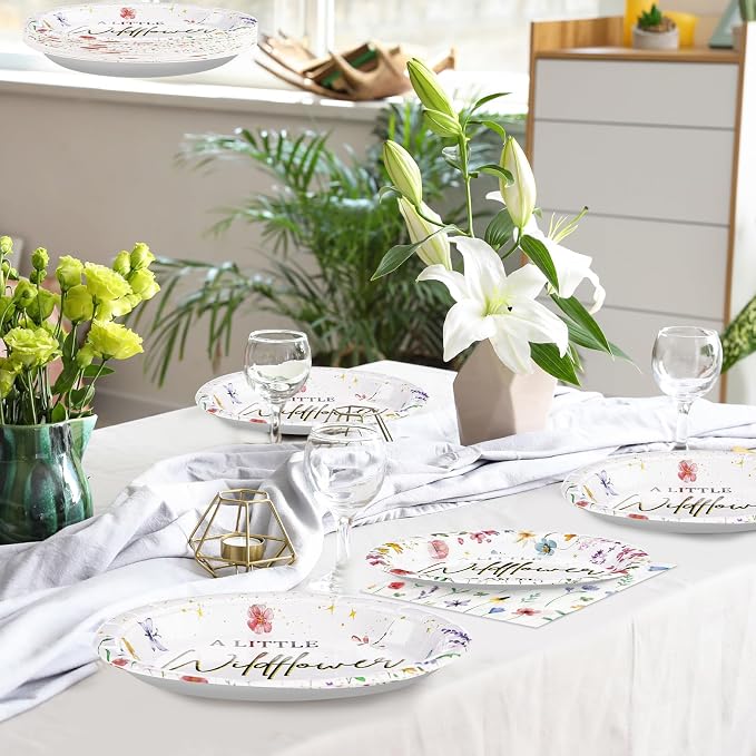 96PCS Wildflower Baby Shower Decorations Little Wildflowers Party Plates Disposable A Little Wildflower Is On The Way Paper Tableware for Girl Baby Shower Spring Summer Party Supplies, Serves 24