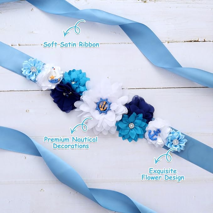 Nautical Baby Shower Maternity Sash Kit - Blue Ahoy NauticalmBaby Shower Belly Belt and Mom to Be & Dad to Be Corsage Pins, Pregnancy New Parents Photo Props Ocean Theme Party Supplies