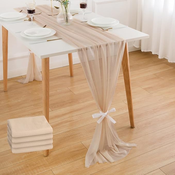 WELTRXE 4 Pack Champagne Chiffon Table Runner 30x120 Inches Romantic Sheer Wedding Table Runner Glitter Brown Tulle Fabric Party Table Decorations for Wedding, Birthday Party, Bridal & Baby Shower