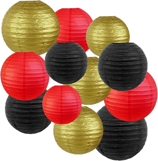 CC wonderland zone 12pcs Red Black and Gold Paper Lanterns,Hanging Paper Lanterns for Casino Theme Birthday Party Decorations