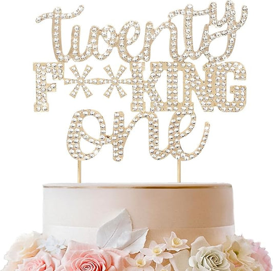 LINGTEER Twenty-One Funny Gold Rhinestone Cake Topper - Cheers to 21 Years Old,Happy 21st Birthday Party Cake Centerpieces Topper Decorations.