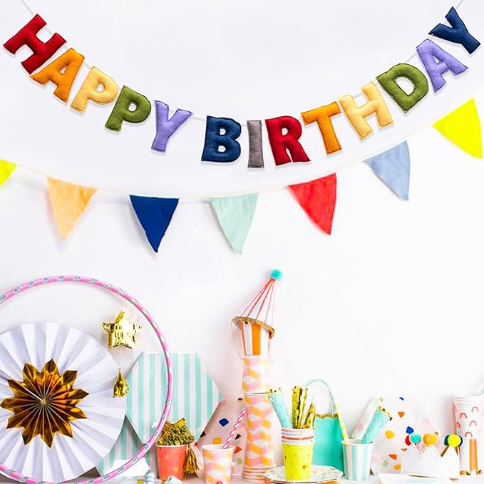 Pre-Strung Happy Birthday Banner - Retro Classic Birthday Party Decorations - Reusable HAPPY BIRTHDAY Garland, Boy Girl Birthday Felt Banner, Happy Birthday Sign for Holiday Party Decor, Photo Prop (Retro Classic Color)