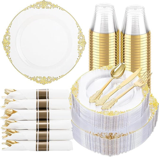 Hioasis 350pcs Clear and Gold Plates - Clear Party Plates for 50 Guest, Include 100 Heavy-duty Plates(20% Thicker Than Standard), 50 Pre Rolled Gold Plastic Silverware Set, 50 Cups