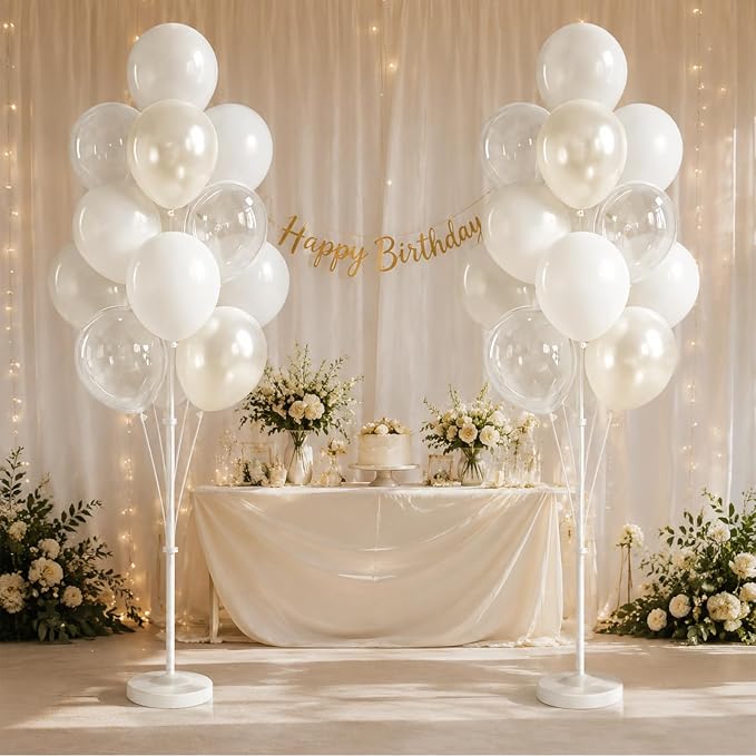 White Balloon Column Stand Kit Set of 2 Included-Pearl white Globos Blancos alloon Sticks with Base&Pole,Backdrop Decoration for Wedding Bridal Baby Shower Birthday,Anniversary Party