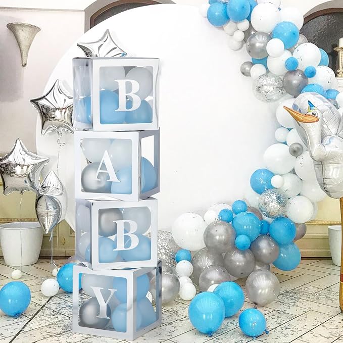 Baby Boxes with Letters for Baby Shower, Baby Shower Decorations with 4 Balloon Boxes for Gender Reveal Baby Shower Decorations(Silver)