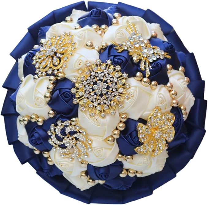 Gold Brooch Wedding Bridal Bouquet for Bride Bridesmaid Quinceanera with Bling Rhinestone Pearl Satin Rose Flower Bouquet Wedding Navy Blue and Ivory 8.3in