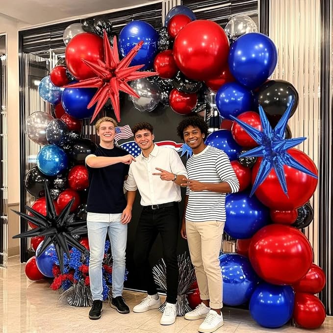 Red Blue Black Balloon Arch Garland Kit Double Stuffed Black Red Balloons Royal Blue Silver Balloon Garland with Star Foil Balloons for Baby Shower Birthday Graduation Spider Hero Themed Party Decor