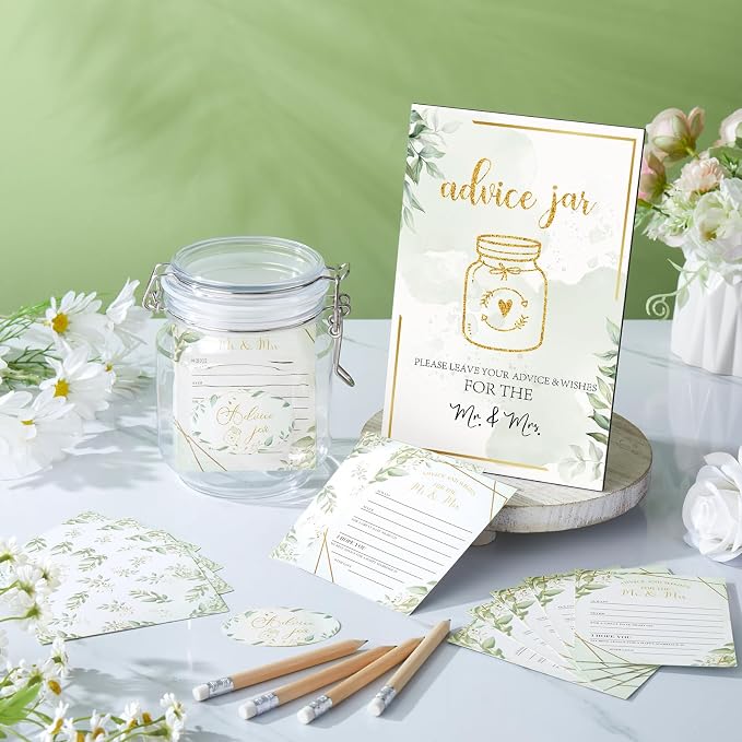 Jetec 74 Pcs Advice and Wishes for the Mr and Mrs 60 Pcs Wedding Advice Cards Advice and Wishes Jar Box Bridal Shower Advice and Wishes Cards for Bride and Groom Bridal Shower Decor(Greenery)