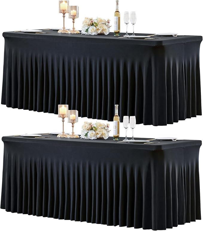 2 Pack 6ft Black Spandex Tablecloths for Rectangle Tables Wrinkle Free Black Rectangle Table Cloths Stretch Fitted Table Cover with Skirt for Wedding Birthday Party Banquet Baby Shower Buffet Event