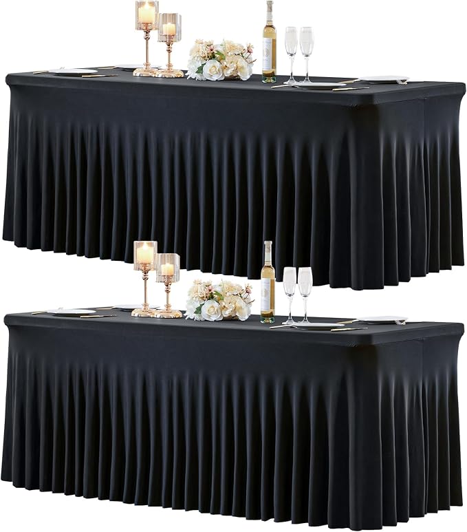 2 Pack 8ft Black Spandex Tablecloths for Rectangle Tables Wrinkle Free Black Rectangle Table Cloths, Stretch Fitted Table Cover with Skirt for Wedding Birthday Party Banquet Baby Shower Buffet Event