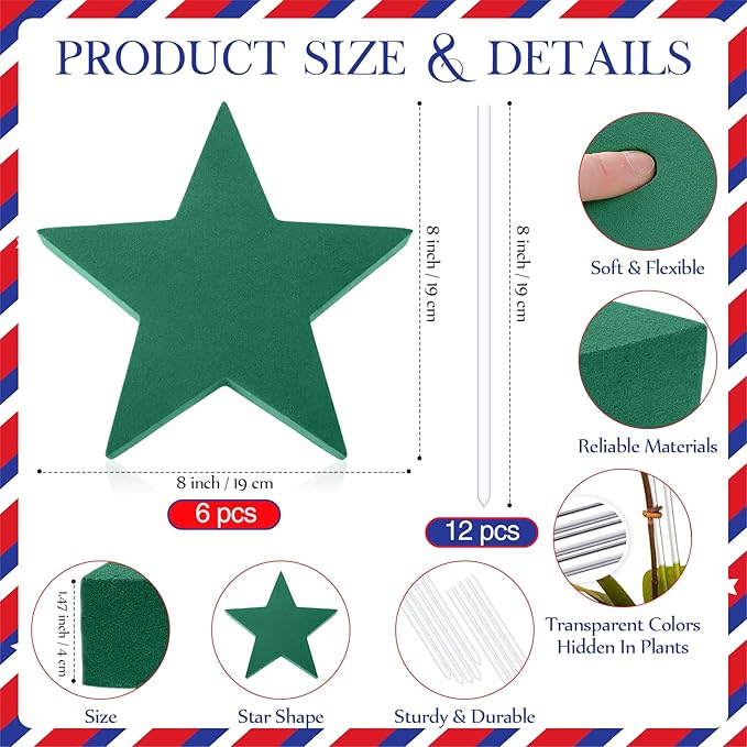 Pangda 6 Pcs Memorial Day Star Shaped Floral Foam Wet Florist Foam Blocks with 12 Pcs Clear Plant Support Stakes for Patriotic 4th of July Red White Blue Flower DIY Table Wall Decor, 8"x 8" x 1.47"