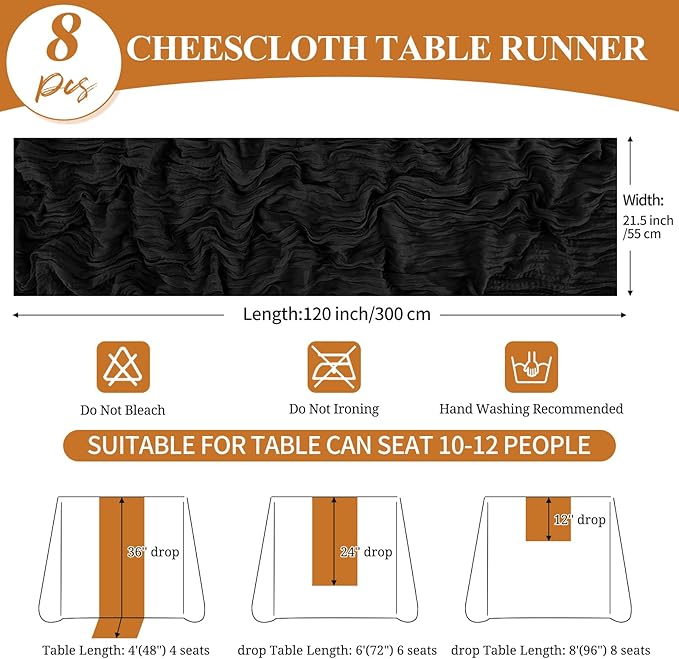 8 Pack 10Ft Cheesecloth Table Runner Black, 20 x 120 Inch Rustic Gauze Boho Cheese Cloth Wedding Long Table Runner for Wedding Party Bridal Shower Decoration