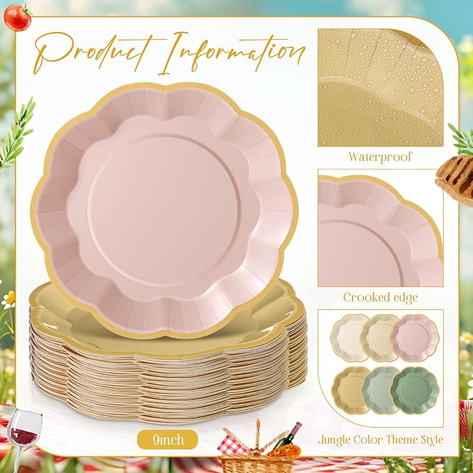 72 Pcs Pink and Green Paper Plates 9 Inch Sage Pink Beige Yellow Gradient Scalloped Paper Disposable Dinner Dessert Plates for Jungle Safari Birthday Wedding Bridal Party Supplies, 6 Colors