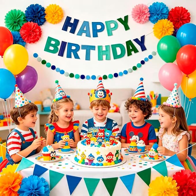 Pre-Strung 3D Happy Birthday Banner, 3 PCS Felt Reusable Birthday Decorations Set with Happy Birthday Letter Banners, Pom Pom Garland, Triangle Fabric Bunting, Blue Green Party Decor Sign Photo Prop