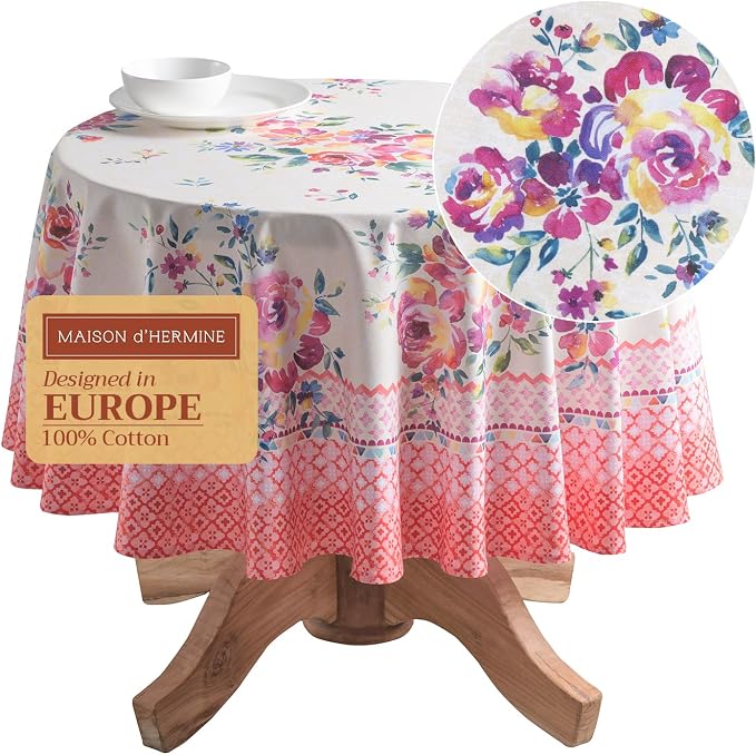 Maison d' Hermine Table Cloth Round Table 100% Cotton 63 Round Inches Tablecloth Reusable Decorative for Dining Kitchen Room Farmhouse Party Home Hotel Restaurant Spring Summer - Rose Garden