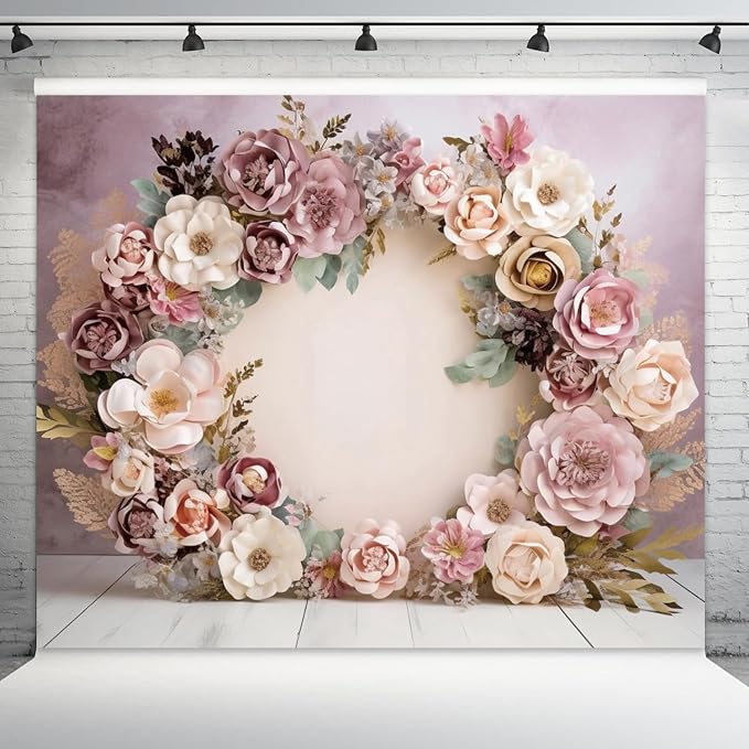 7x5ft Wedding Backdrop Purple Pink Floral Theme Photography Background White Flower Garland Green Leaves Bridal Shower Banner Decorations Girls Birthday Party Baby Portrait Photo Booth Prop