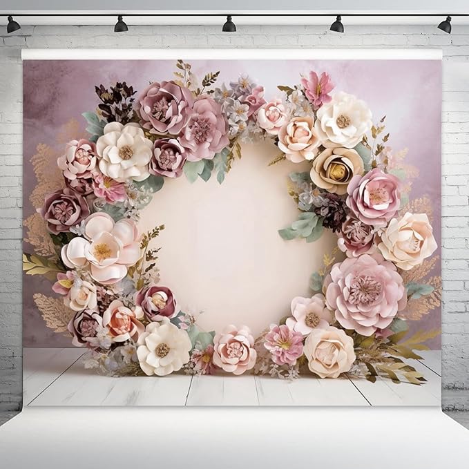8x4ft Wedding Backdrop Purple Pink Floral Theme Photography Background White Flower Garland Green Leaves Bridal Shower Banner Decorations Girls Birthday Party Baby Portrait Photo Booth Prop
