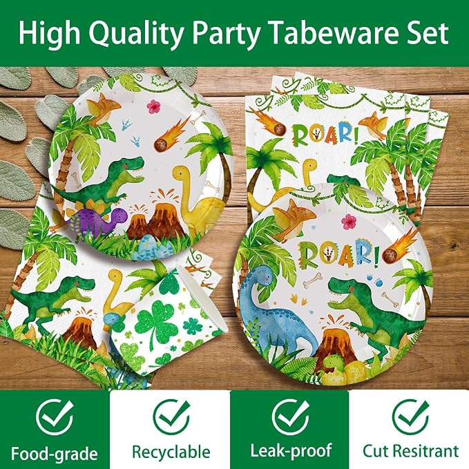 140Pcs Dinosaur Birthday Party Supplies Tableware Set Dinosaur Party Decorations Plates and Napkins Baby Shower Dino Party Paper Plates, Serve for 20