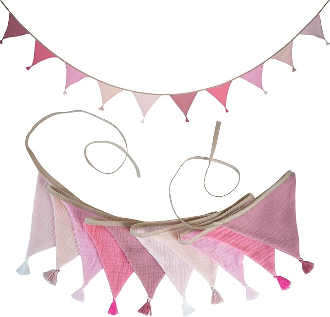 Fabric Bunting Banner, 2 Pack Handmade Neutral String Banner with Tassel Each 8.5 ft 10 Flags Nursery Wall Hanging Wedding Birthday Home Baby Shower Party Decoration Bunting (Pink 2 Packs)