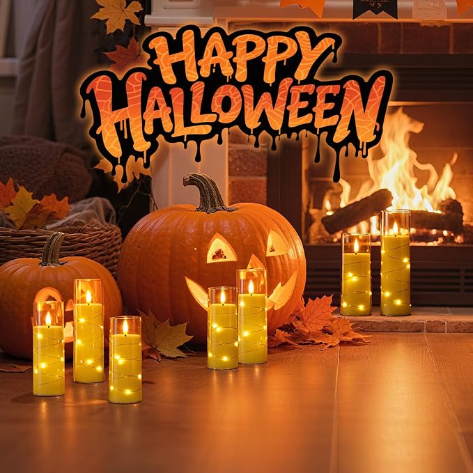 Raycare Flameless Candle with Remote Timer – 9 Flickering Acrylic Battery Operated LED Pillar Candles with Embedded Star String for Christmas, Home Decor, and as a Gift(Glod)