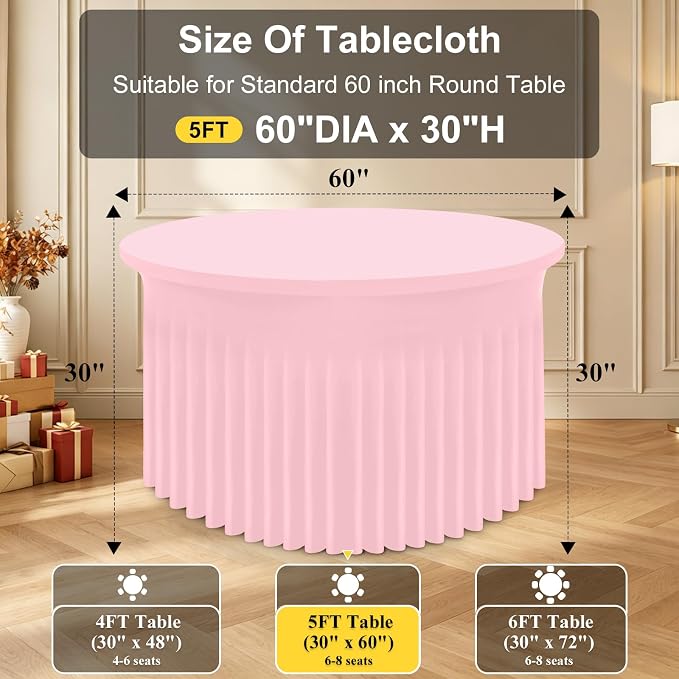 Smiry Round Spandex Tablecloth 2 Pack, Elastic Fitted Washable Tablecloths for 60 Round Tables, Waterpoof Stretch Table Cover Skirt for Outdoor, Wedding, Banquet & Parties, Pink