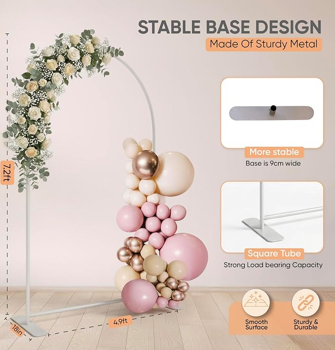 Zenturo 7.2FT Metal Arch Backdrop Stand, Stable Arch Frame, Wide Base for Birthday Baby Shower Wedding Party Ceremony Floral Balloon Decoration (White)