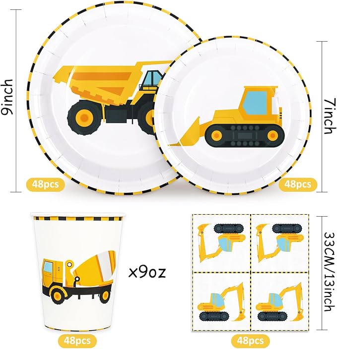 Whaline 192 Pcs Construction Party Tableware Dump Truck Paper Plate Napkin Cup Yellow Black Disposable Dinnerware Set for 48 Guests Birthday Party Table Decor