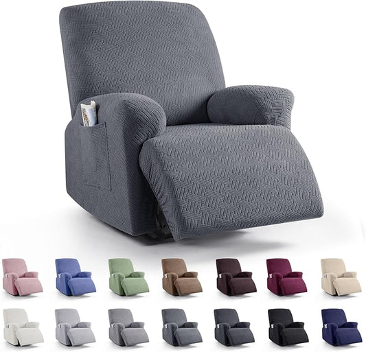 KinCam Recliner Covers, Stretch Reclining Chair Covers, Recliner Sofa Slipcovers Stripe Jacquard Recliner Couch Covers Furniture Protector Covers (1 XL Seater, Dark Gray)