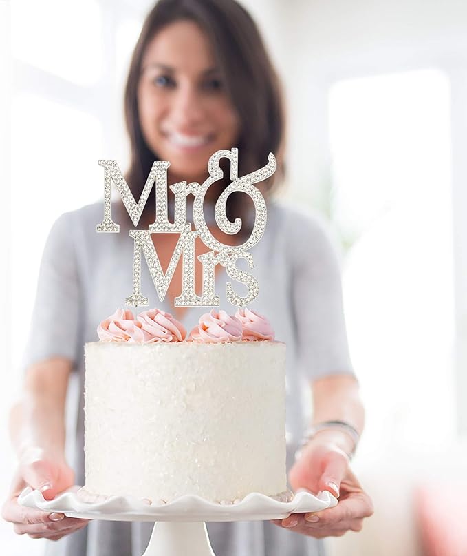 Mr and Mrs Wedding Cake Topper - Premium Silver Metal - Sparkly Wedding or Anniversary Cake Topper - Now Protected in a Box