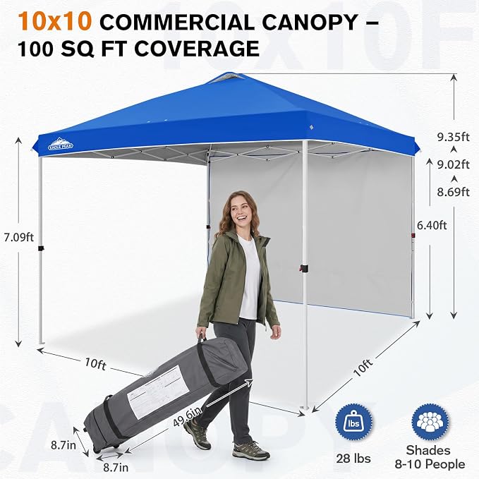 EAGLE PEAK Commercial Canopy 10x10 Pop Up Canopy Tent with 1 Sidewall, Easy Setup Heavy Duty Instant Event Shelter for Vendors & Markets, Outdoor Sun Shade, Blue