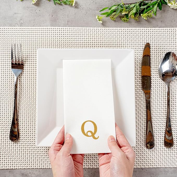 Luxenap 15.8 X 7.9 Inch Linen-Feel Guest Towels, 50 Lettered Hand Towels - Gold Letter 'Q', Sans Serif Font, White Paper Dinner Napkins, airlaid, For Restrooms And Tables