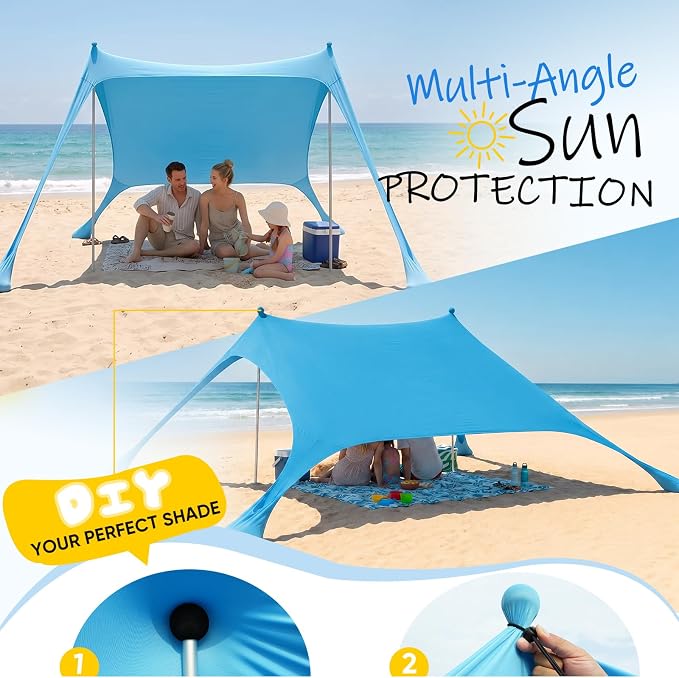 Sekey Aluminum Beach Shade Sun Shelter UPF 50+ - 6.5x6.5 FT Portable Beach Canopy with Windproof Rope & Stability Poles, Easy Setup Outdoor Tent for Camping, Backyard, Fishing, Picnics