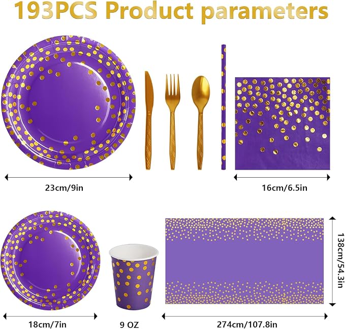 Nkaiso Paper Plates and Napkins Set, 193 Pieces Purple Gold Party Supplies Includes Paper Plates Cups Napkins Straws and Cutlery for Birthday Wedding Holidays Parties Decorations-24 Guests