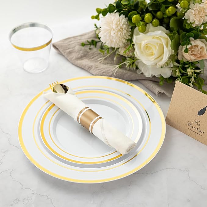 N9R 350PCS Gold Plastic Dinnerware Set for 50 Guests, Include: 50 Dinner Plates, 50 Dessert Plates, 50 Pre Rolled Napkins with Silverware and 50 Cups, White and Gold Disposable Plates for Party