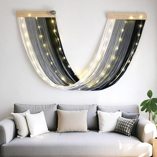 OakHaomie Macrame Fairy Lights Battery Operated with Remote,Large Macrame Wall Hanging with 20ft 100 LED String Lights,Black Grey Gradient Warm White Light for Living Room,Bedroom,Holiday Deco