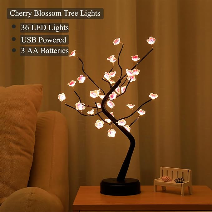 PXBNIUYA 36 LED Cherry Blossom Sparkly Fairy Spirit Tree Lights, Twinkling Tree 3AA&USB Powered, Tabletop DIY Artificial Tree Lamp for Bedroom Christmas Indoor Room Decor Lights (Warm White)