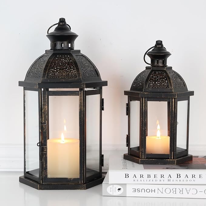 Large Lantern Decorative Outdoor & Indoor, Set of 2 (15’’&11’’) Metal Candle Lanterns Decor, Vintage Hanging Candle Holder for Front Porch Patio Wedding Farmhouse Home, Spring Decoration