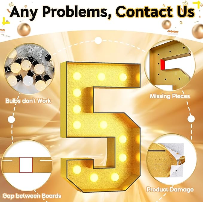 4FT Large Light Up Numbers 5, Gold Number 5 Marquee Frame Marquee Mosaic Numbers for 5th Birthday, Giant Light Up Number 4 Feet Tall DIY Frame Pre-Cut Foam Board Kit for Graduation Anniversary Party