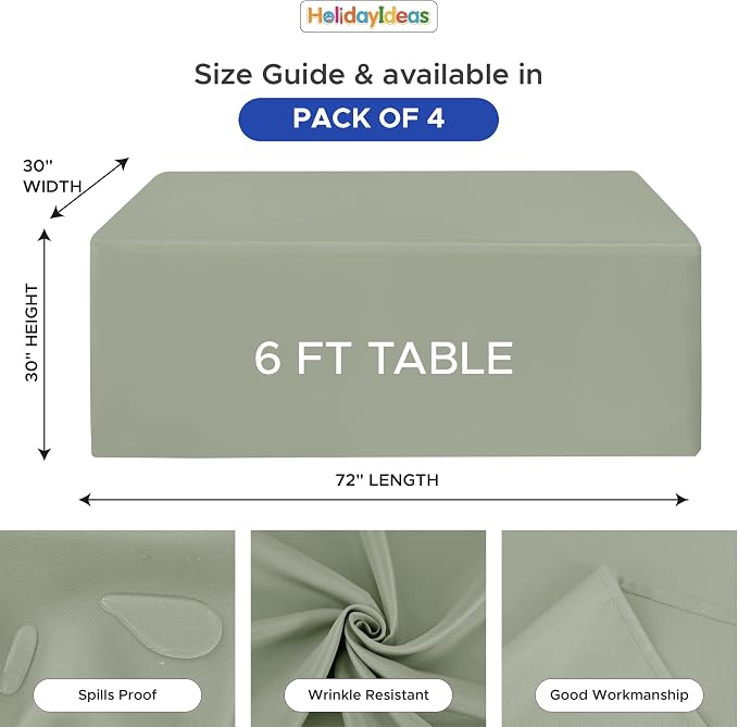 HolidayIdeas 4-Pack 6ft Sage Green Rectangle Craft Shows Fitted Tablecloth | Wrinkle resistant table covers; bulk quantity pack for professional trade exhibition displays or vendor booths