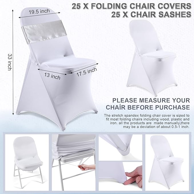 Lounsweer 50 Pcs Folding Chair Cover Set with 25 Stretch Spandex Slipcovers 25 Satin Chair Sashes Bows Ribbon Washable Banquet Protector for Wedding Event Party(White, Silver)