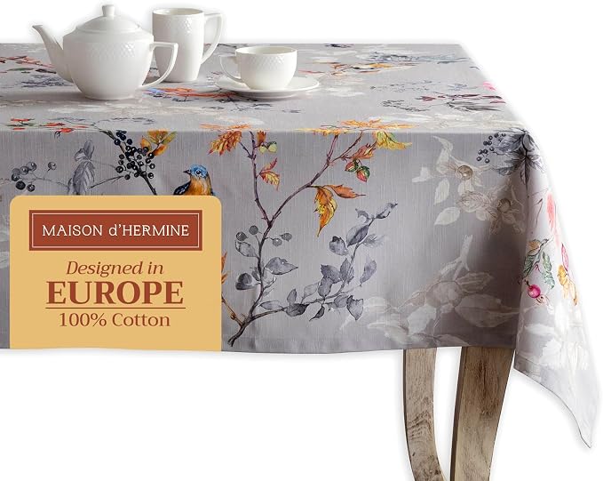 Maison d' Hermine Table Cloth Rectangle Table 100% Cotton 70 x 140 Inches Fall Tablecloth Reusable Everyday Use for Thanksgiving Christmas Decorations Dining Farmhouse Party (Equinoxe - Grey)
