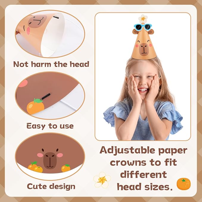 24Pcs Capy Themed Bara Birthday Paper Cone Hats Set Cute Capy Shaped Paper Headwear Party Favors Cute Capy Cone Hats Decorations Cartoon Animal Party Supplies Photo Props for Birthday Baby Shower