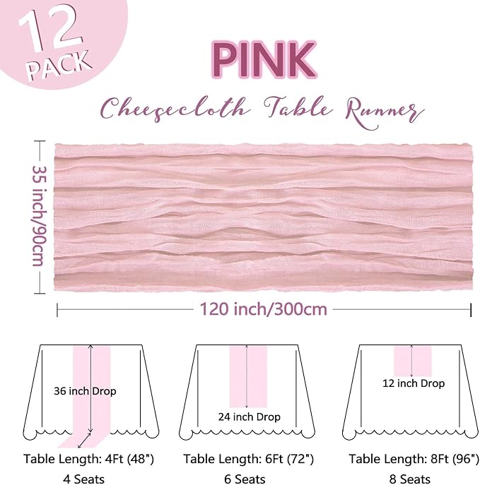 12 Pack Pink Table Runner Cheesecloth 10Ft Spring Gauze Cheese Cloth Table Runner 35x120 Inch Boho Sheer Rustic Fabric for Holiday Party Decor Baby Shower Wedding Decorations