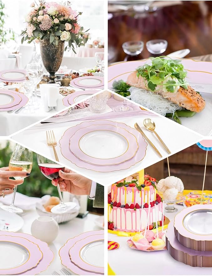 WDF 60Pcs Pink Plates Disposable with Gold Rim - Baroque Clear Pink and Gold Plastic Party Plates Ideal for Wedding/Baby Shower/Spring/Mother's Day