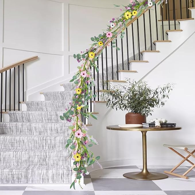 6.5FT Wildflower Daisy Garland Flower Garland with Daisy Lavender Faux Floral Vine Summer Spring Garland for Mantle Baby Shower Wedding Arch Front Door Porch Staircase Summer Spring Decor (1 Pcs)