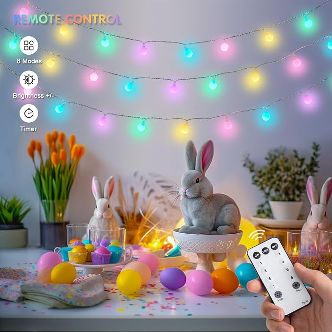 JMEXSUSS 100 LED Connectable Easter Lights String Indoor, 33 ft Globe String Lights Plug in with Remote, 8 Modes Timer Pastel Christmas Light Outdoor for Bedroom Tree Room Party Easter Decoration