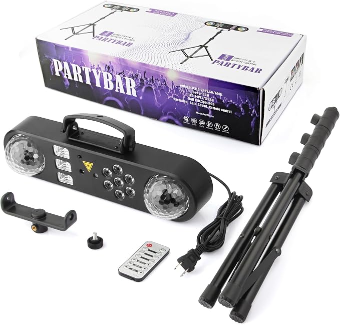DJ Party Lights with Stand: Complete 5IN1 Light Bar System - Sound Activated Disco Ball UV Blacklight Strobe LED Par & Pattern Lights - Tripod Stand for House Parties Mobile DJs Christmas Lighting
