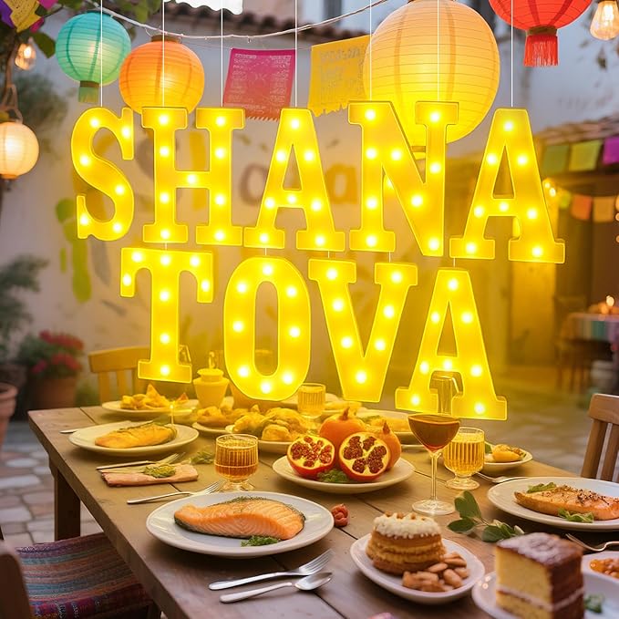 Aurelema 9 Pcs Shana Tova Large LED Letter Signs Rosh Hashanah Decor LED Lights Battery Powered Shana Tova Party Table Decorations for Party Rosh Hashanah Tabletop Decorations