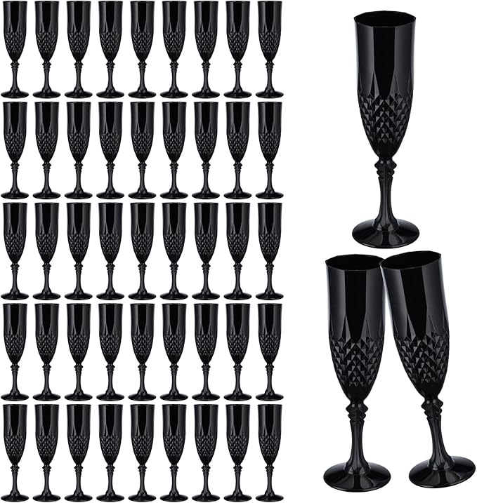 7.1OZ Plastic Champagne Flutes,48PCS Black Glassware Wine Glasses Goblets Shatterproof Mimosa Bar Reusable Vintage Champagne Flutes Stemmed Drinking Cups for Weddings ,Parties, Toasting,Halloween