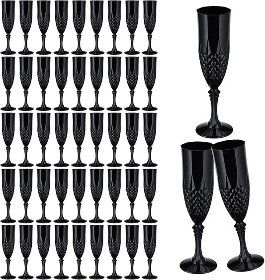 7.1OZ Plastic Champagne Flutes,48PCS Black Glassware Wine Glasses Goblets Shatterproof Mimosa Bar Reusable Vintage Champagne Flutes Stemmed Drinking Cups for Weddings ,Parties, Toasting,Halloween